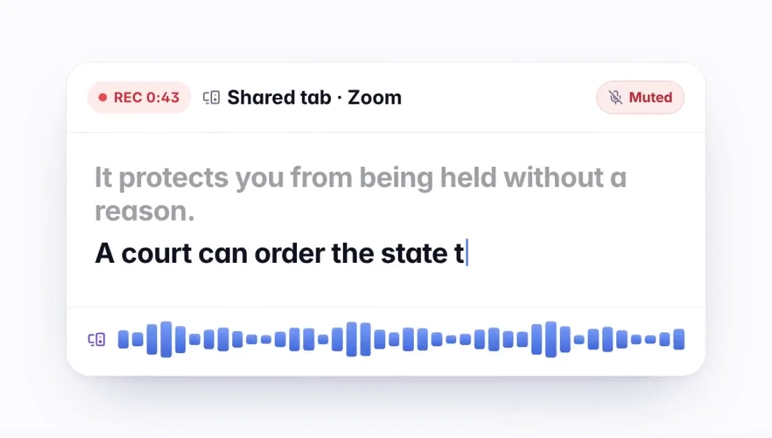 Live captions from a Zoom class recorded through a shared browser tab, with the microphone muted and the audio level moving